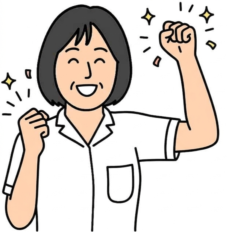喜んでガッツポーズしている