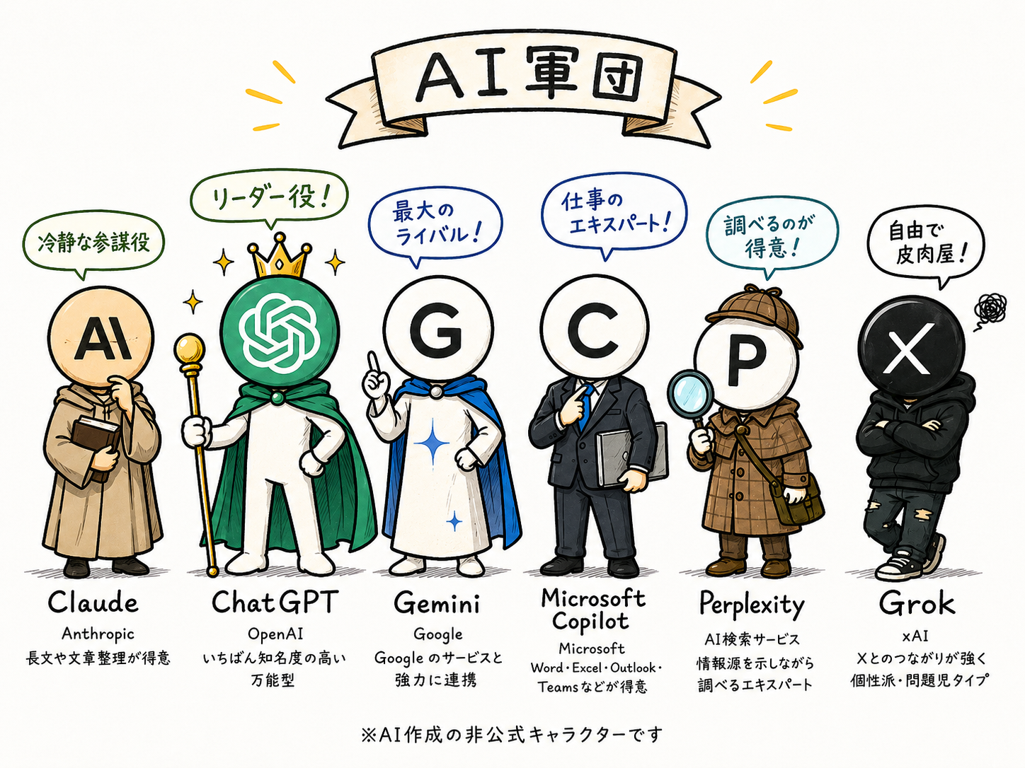 さまざまなAIサービスをイメージしたAI軍団の非公式キャラクター
